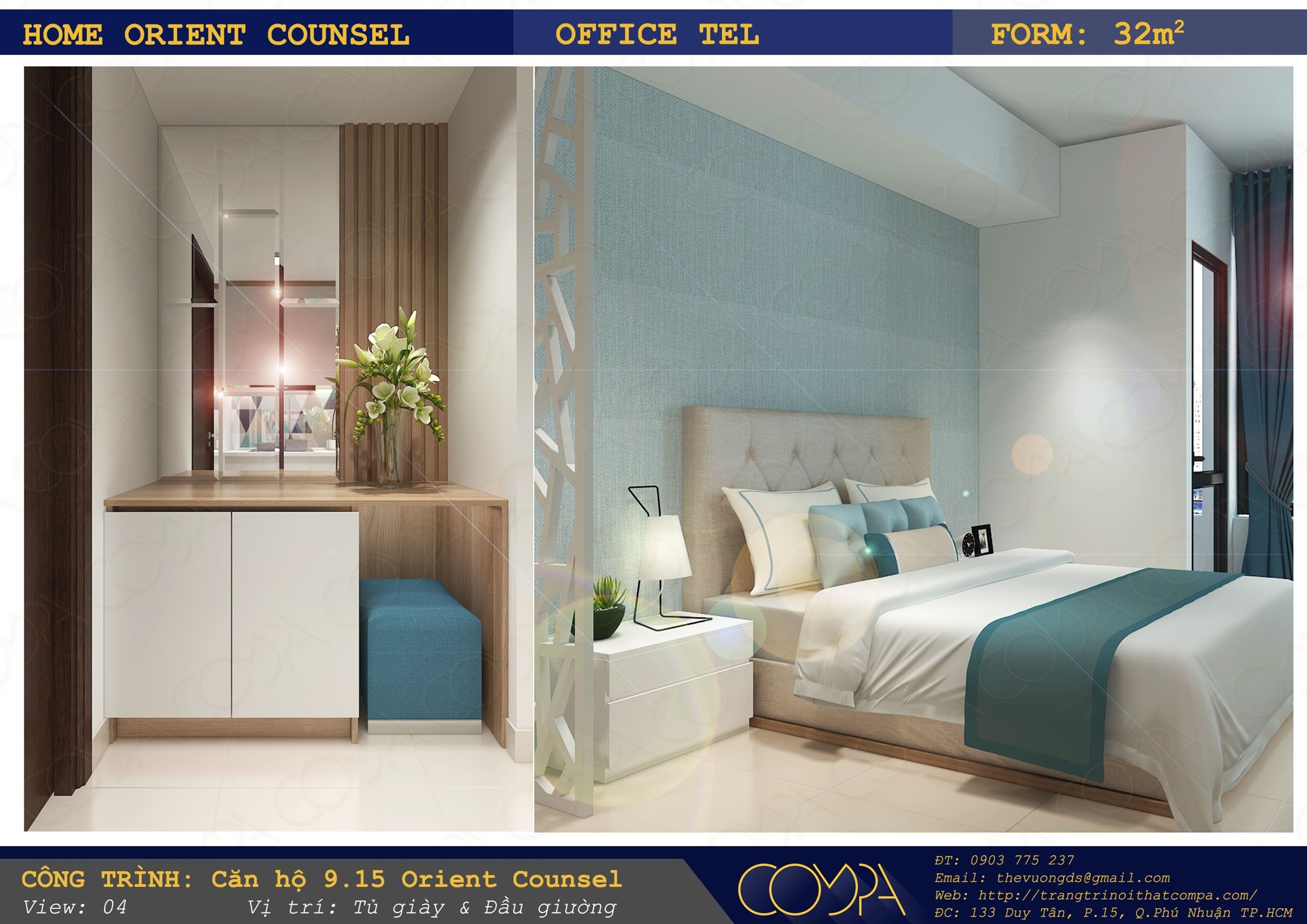 Hình thiết kế nội thất căn hộ mini - căn hộ Orient Counsel 3