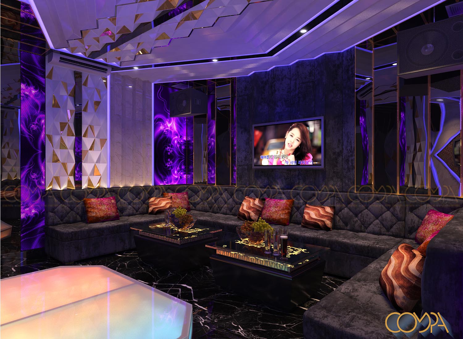 thiết kế nội thất phòng karaoke hiện đại kết hợp màn hình led mẫu 1