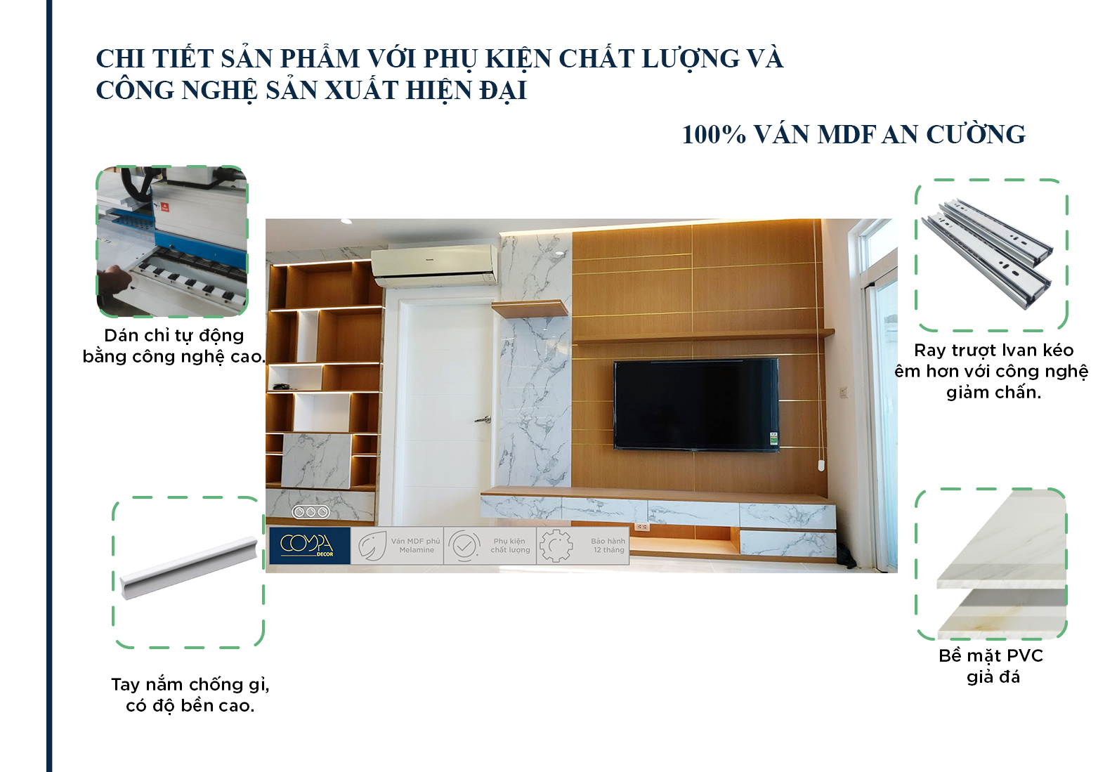 Hình ảnh thi công thực tế nội thất phòng khách căn hộ 90m2 với chi tiết kĩ thuật