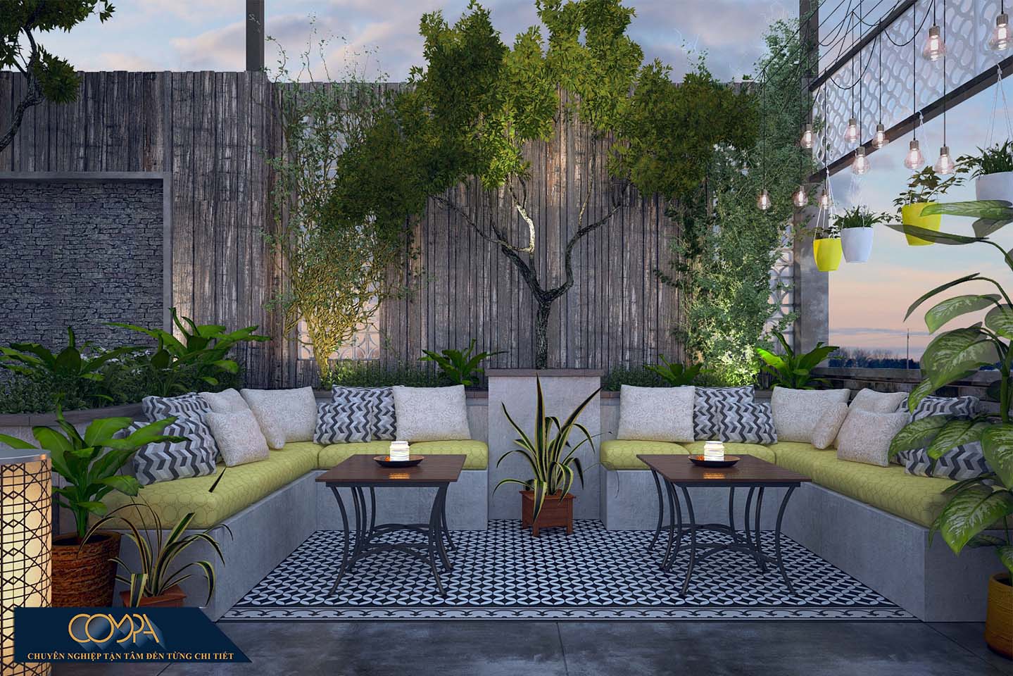 Hình thiết kế nội thất sân vườn đẹp theo phong cách studio với vòm cây xanh