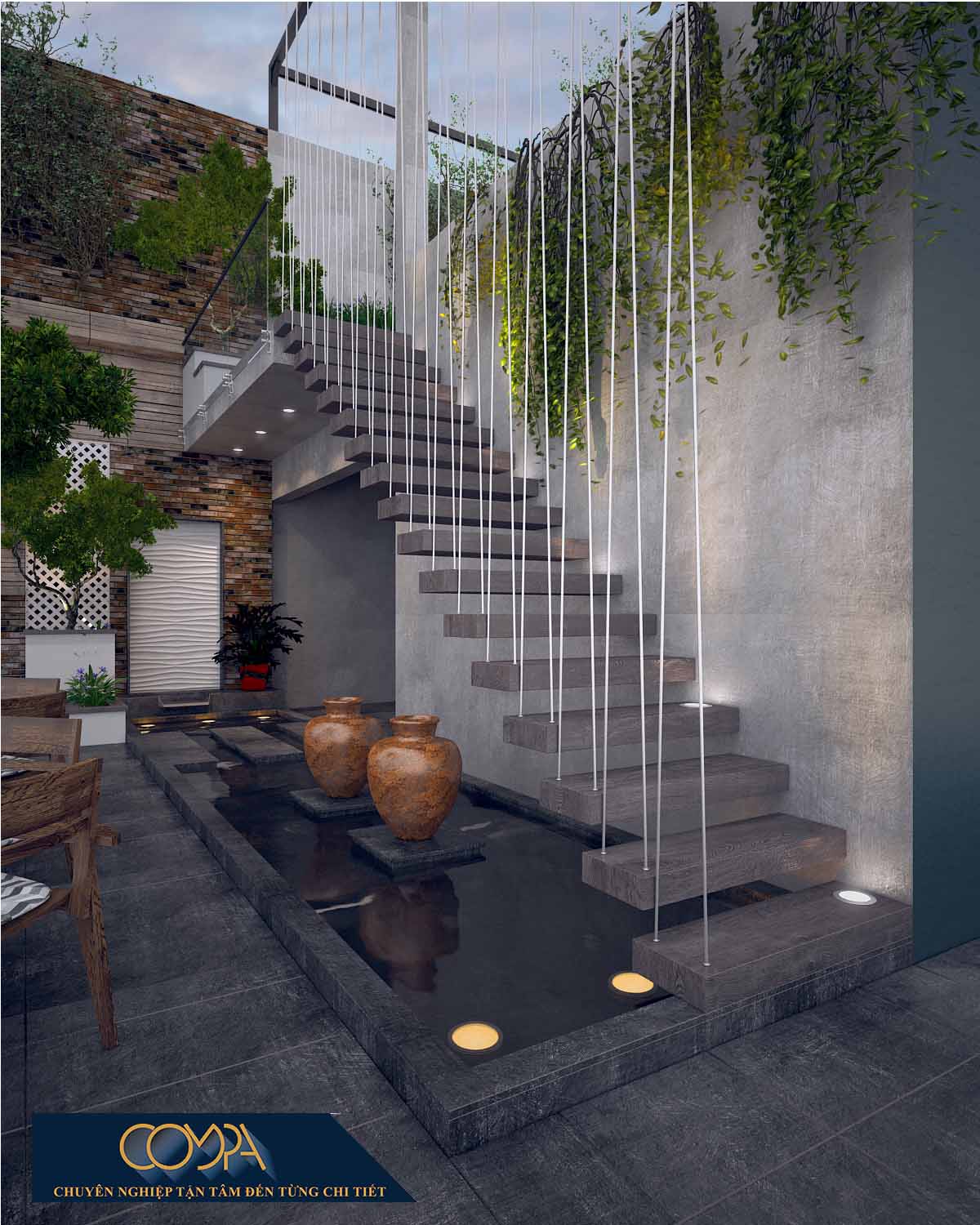 Hình thiết kế cầu thang cầu thang cafe sân vườn đẹp với cây xanh view 2