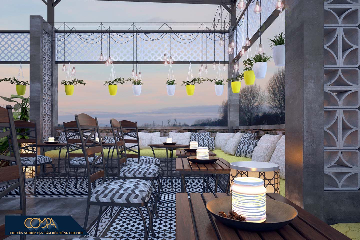 hình thiết nội thất cafe sân vườn đẹp theo phong cách studio với hình thiết kế sân thượng