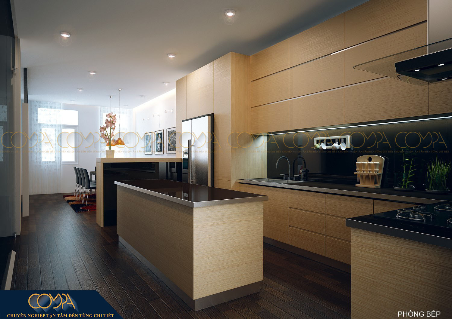 Thiết kế nội thất sang trọng trong phòng bếp nhà phố hiện đại