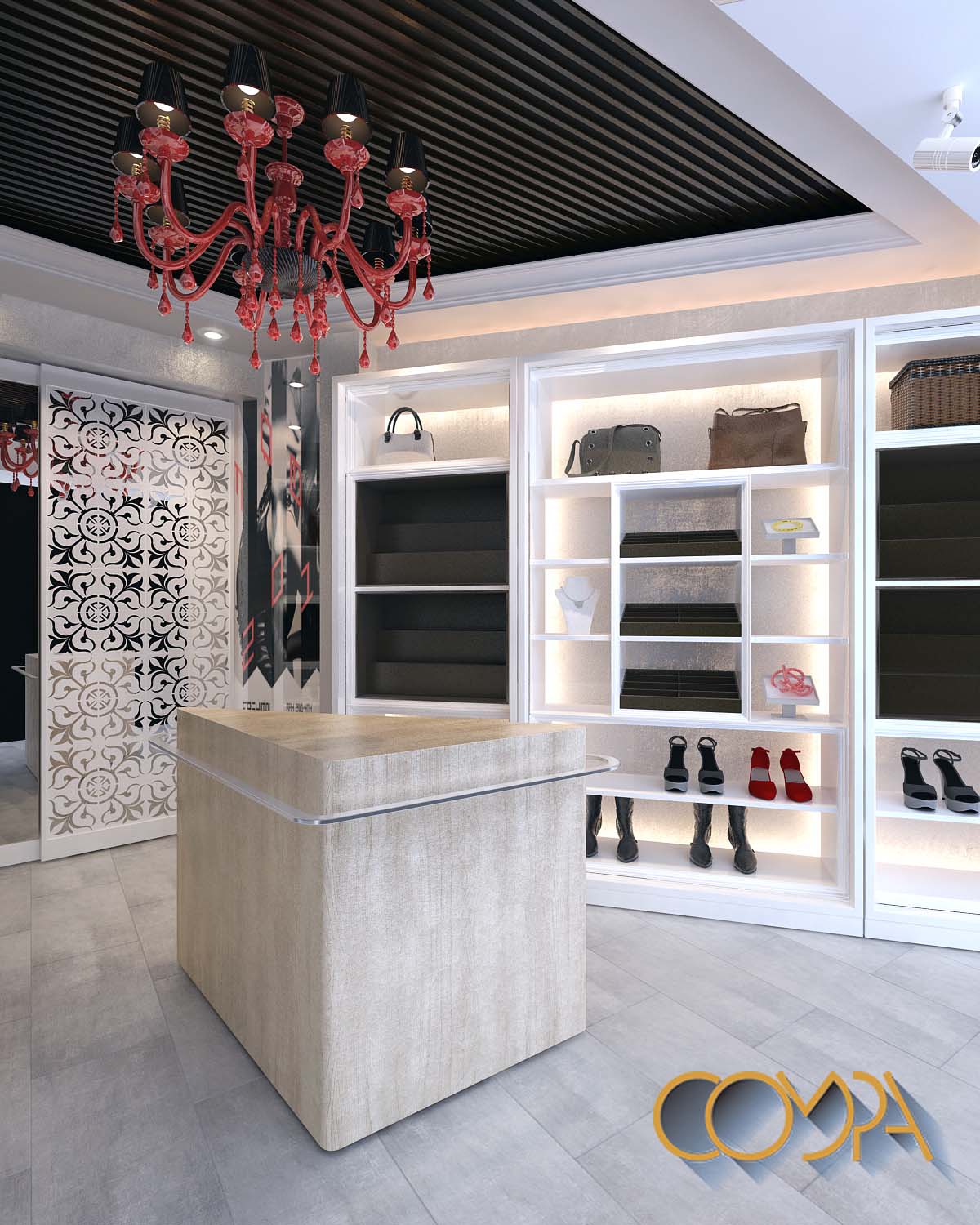 thiết kế nội thất Shop thời trang theo phong cách hiện đại kệ trưng bày